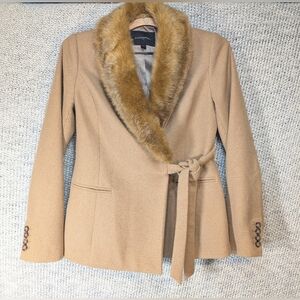 Banana Republic Side Tie Camel Blazer with Faux Fur Collar Women's Size 0